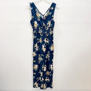 Madison & Berkeley Floral Wide Leg Jumpsuit Blue Small Stretch
